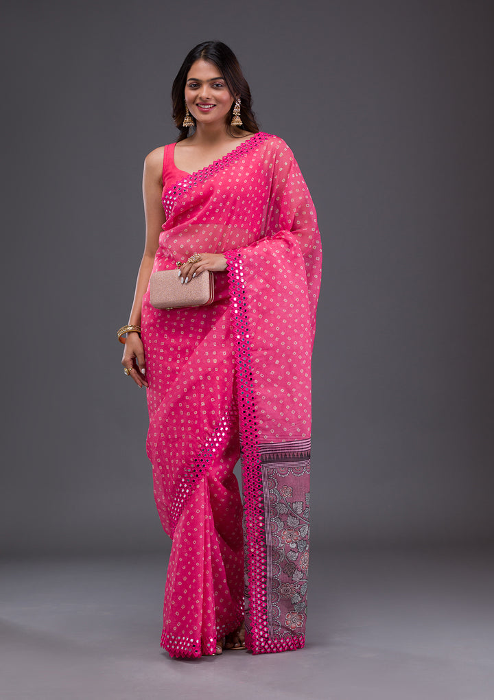 Pink Printed Satin Saree