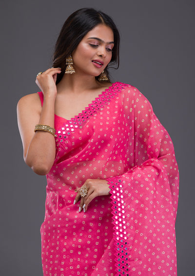 Pink Printed Satin Saree
