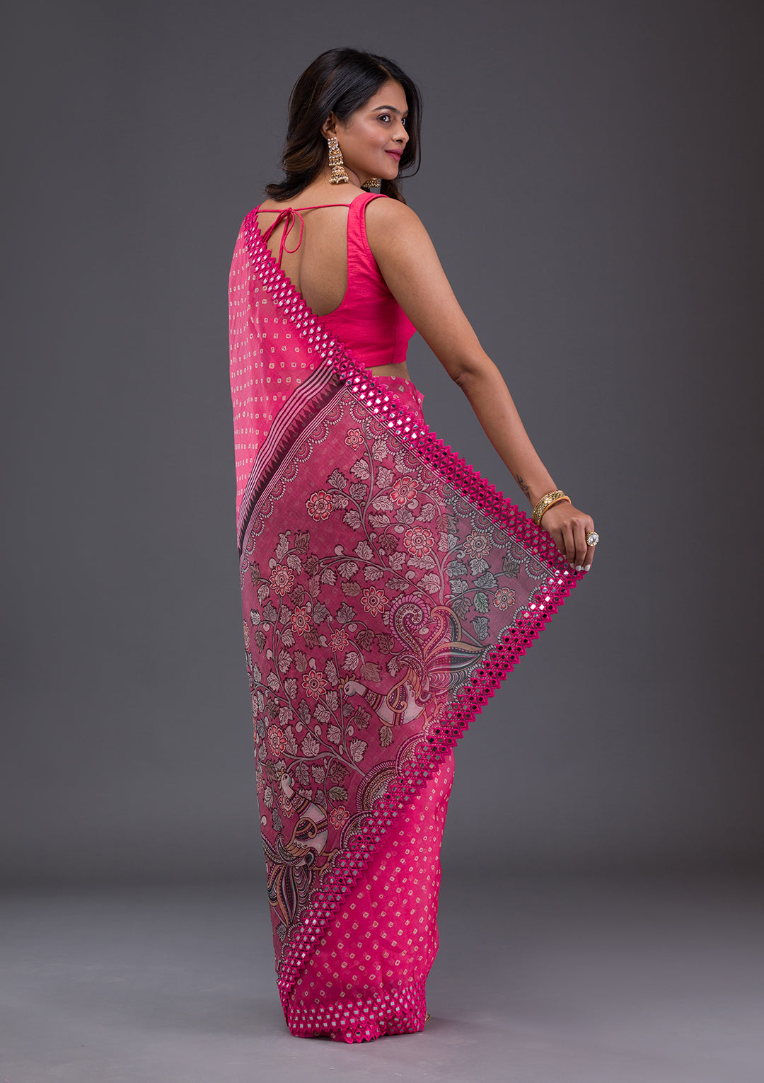 Pink Printed Satin Saree
