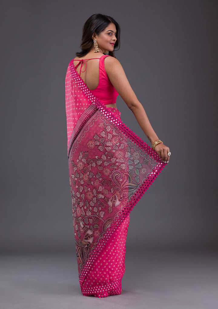 Pink Printed Satin Saree