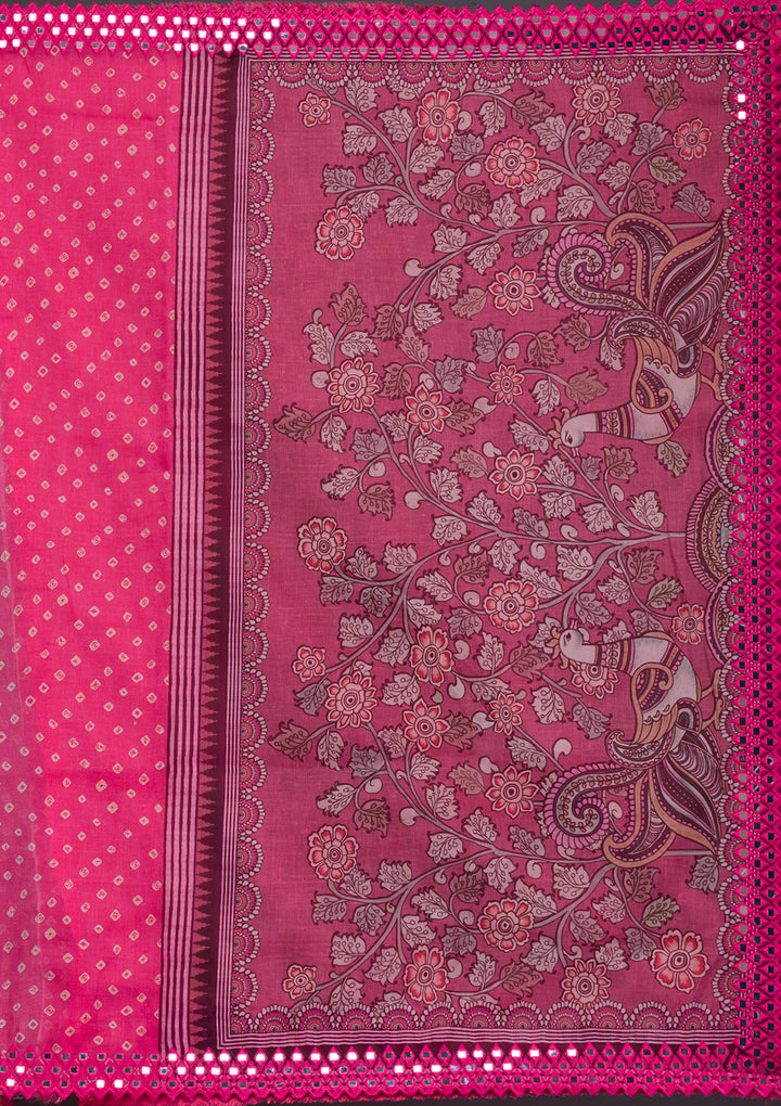Pink Printed Satin Saree