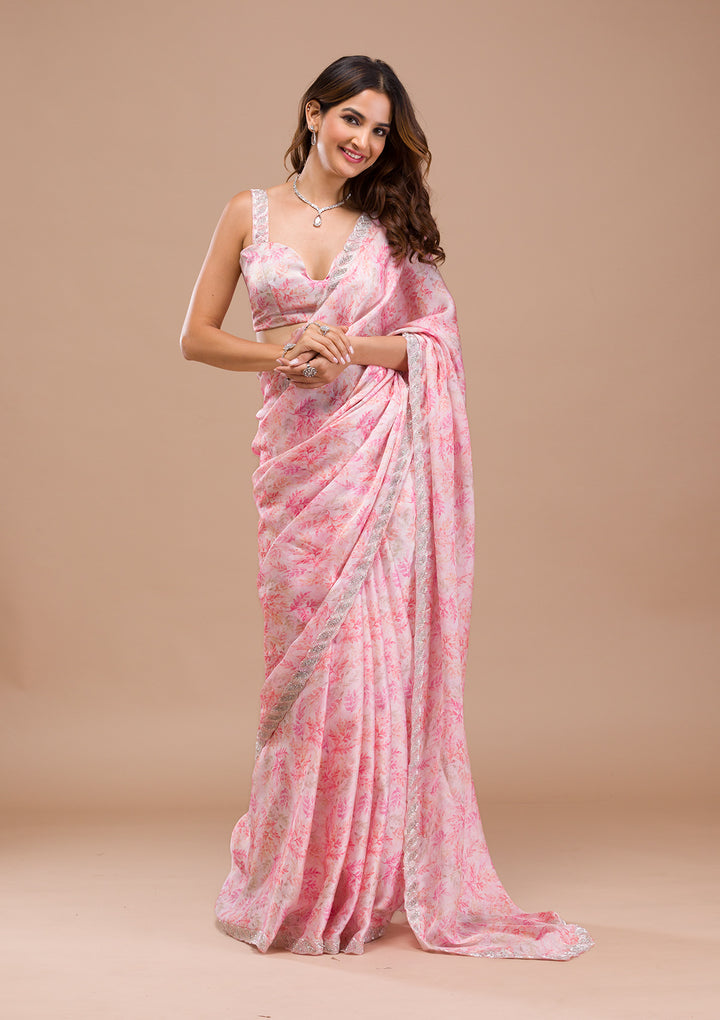 Pink Printed Satin Saree