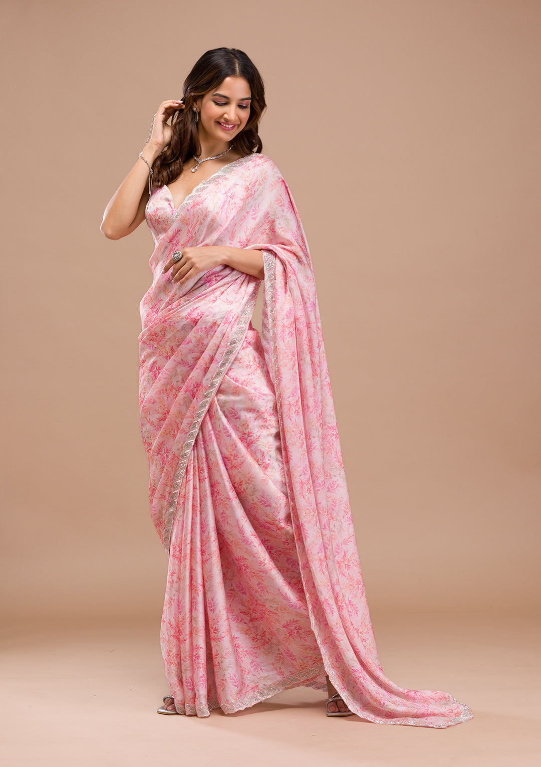 Pink Printed Satin Saree