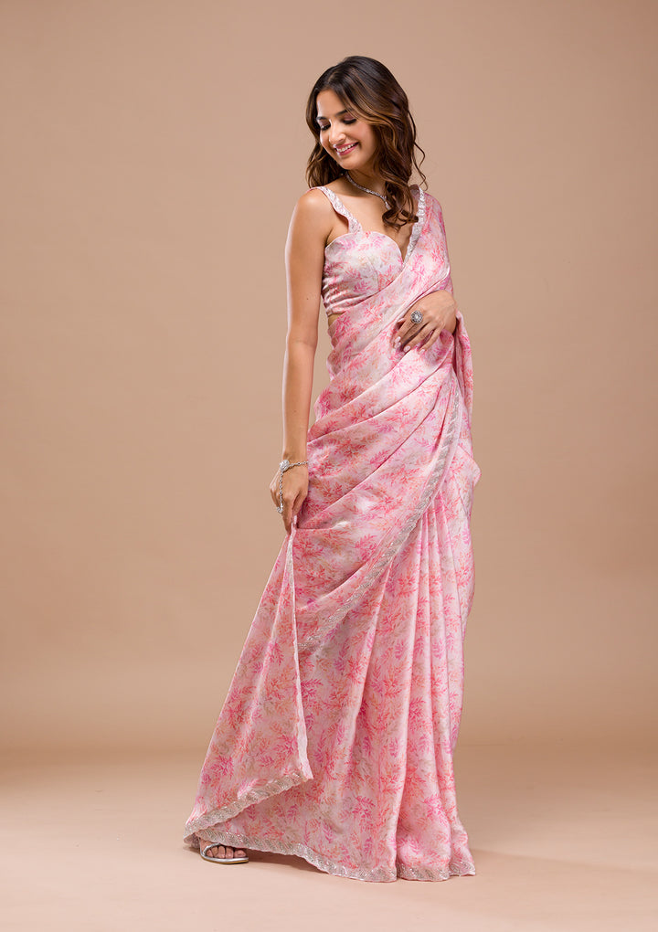 Pink Printed Satin Saree