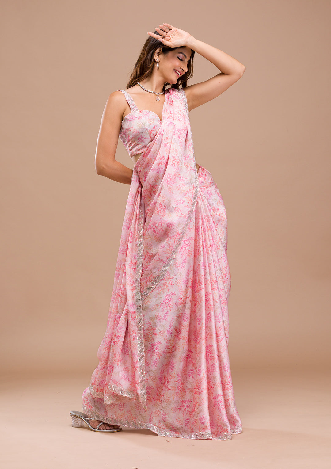 Pink Printed Satin Saree