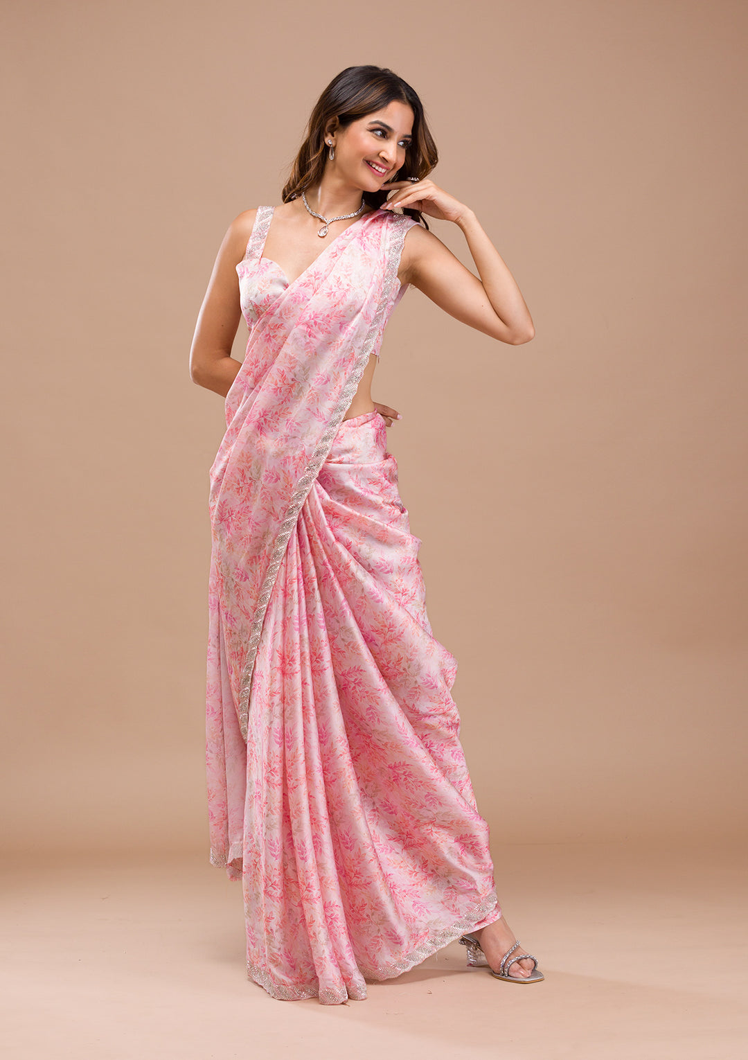 Pink Printed Satin Saree
