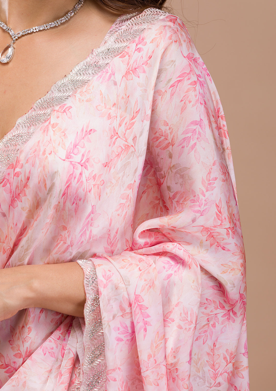 Pink Printed Satin Saree