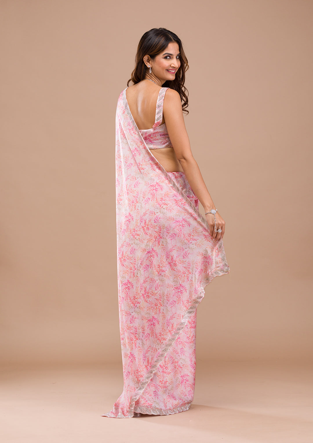 Pink Printed Satin Saree