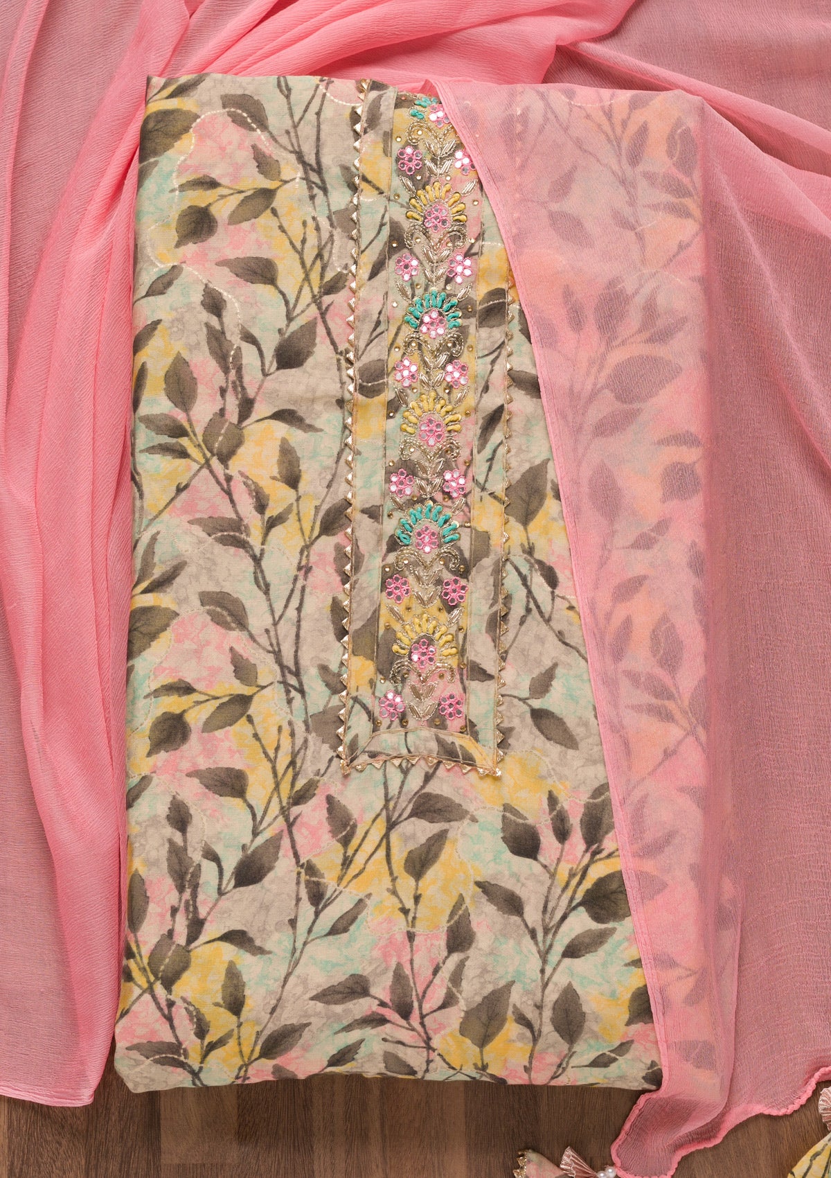 Pink Printed Semi Crepe Unstitched Salwar Suit