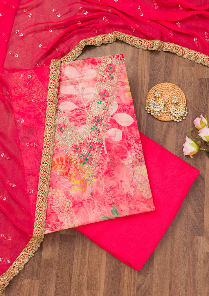 Pink Printed Semi Crepe Unstitched Salwar Suit
