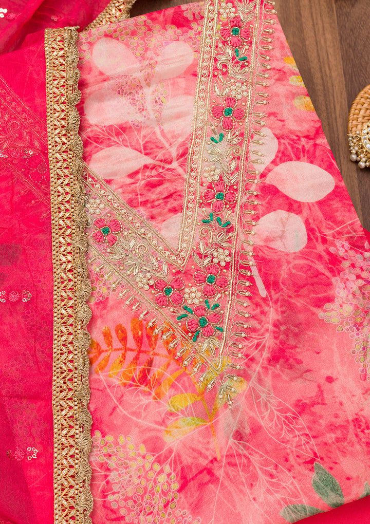 Pink Printed Semi Crepe Unstitched Salwar Suit