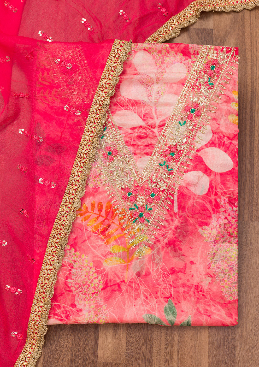 Pink Printed Semi Crepe Unstitched Salwar Suit