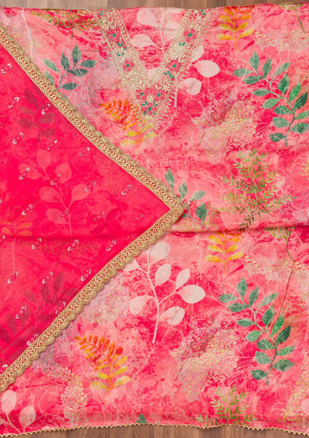 Pink Printed Semi Crepe Unstitched Salwar Suit