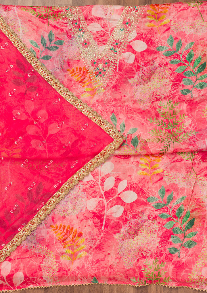 Pink Printed Semi Crepe Unstitched Salwar Suit