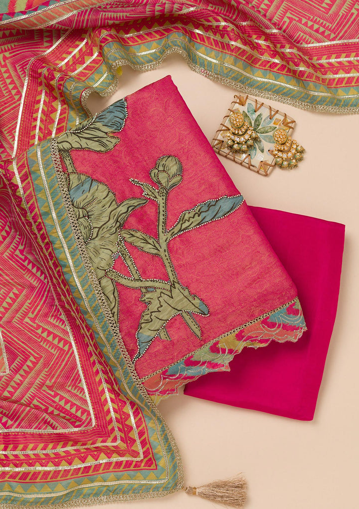 Pink Printed Semi Crepe Unstitched Salwar Suit