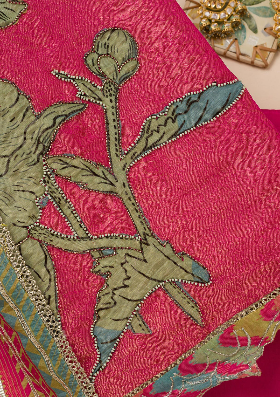 Pink Printed Semi Crepe Unstitched Salwar Suit