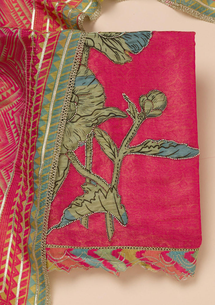 Pink Printed Semi Crepe Unstitched Salwar Suit
