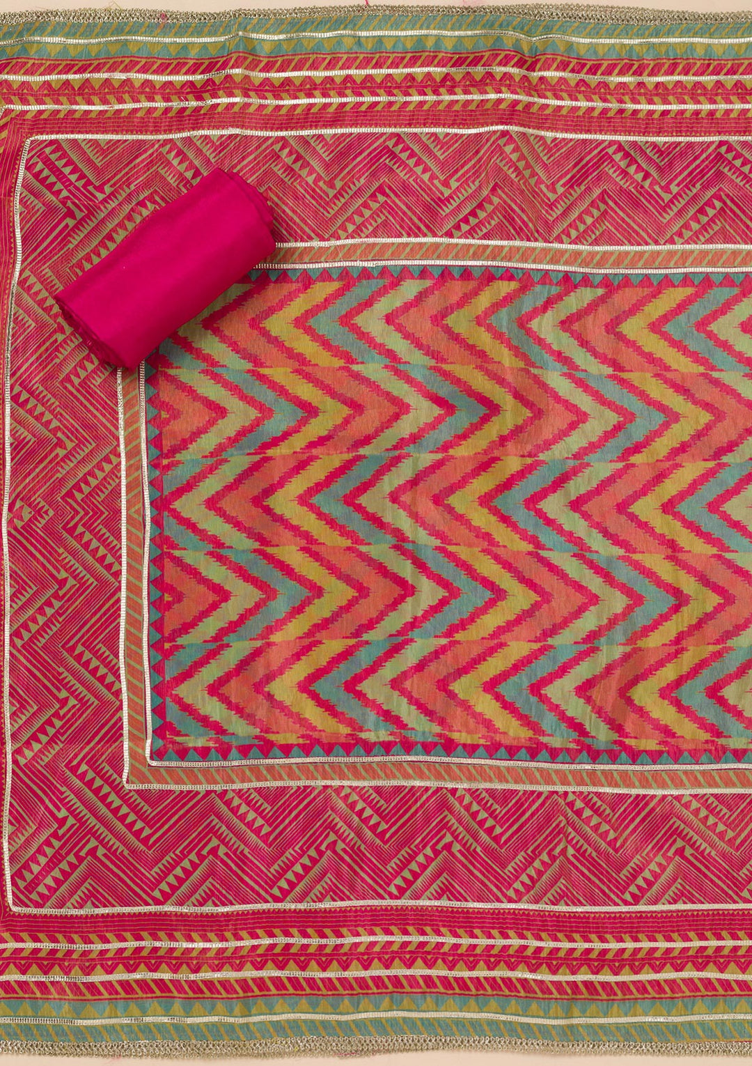 Pink Printed Semi Crepe Unstitched Salwar Suit