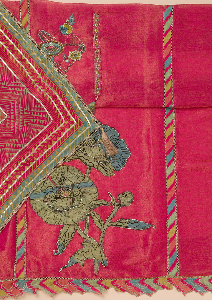 Pink Printed Semi Crepe Unstitched Salwar Suit