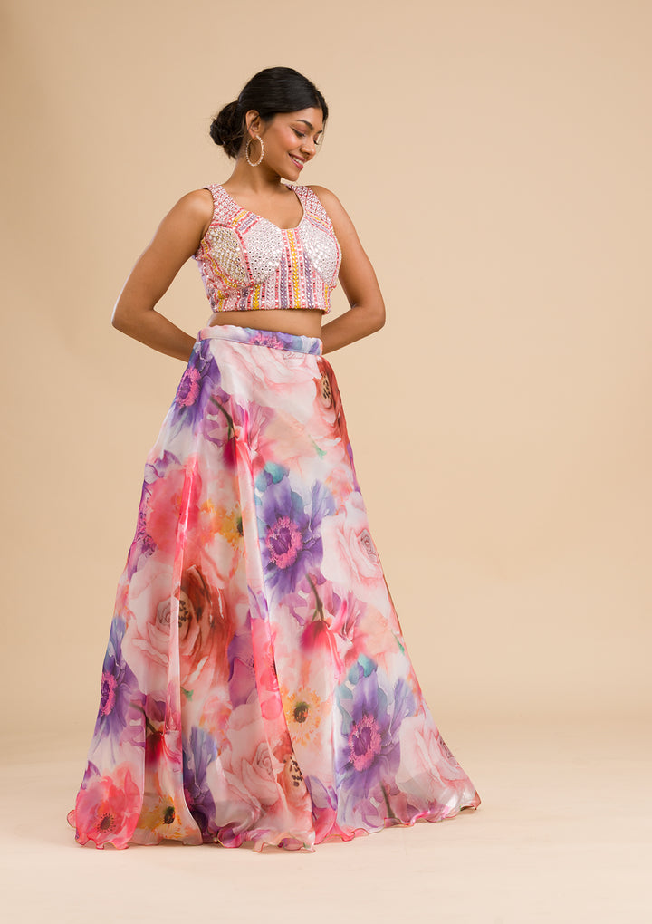 Pink Printed Tissue Readymade Lehenga