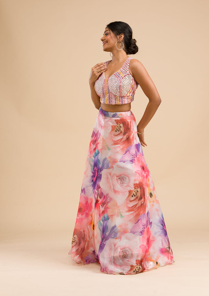 Pink Printed Tissue Readymade Lehenga