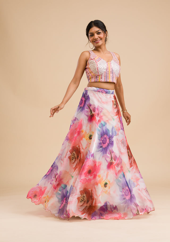 Pink Printed Tissue Readymade Lehenga