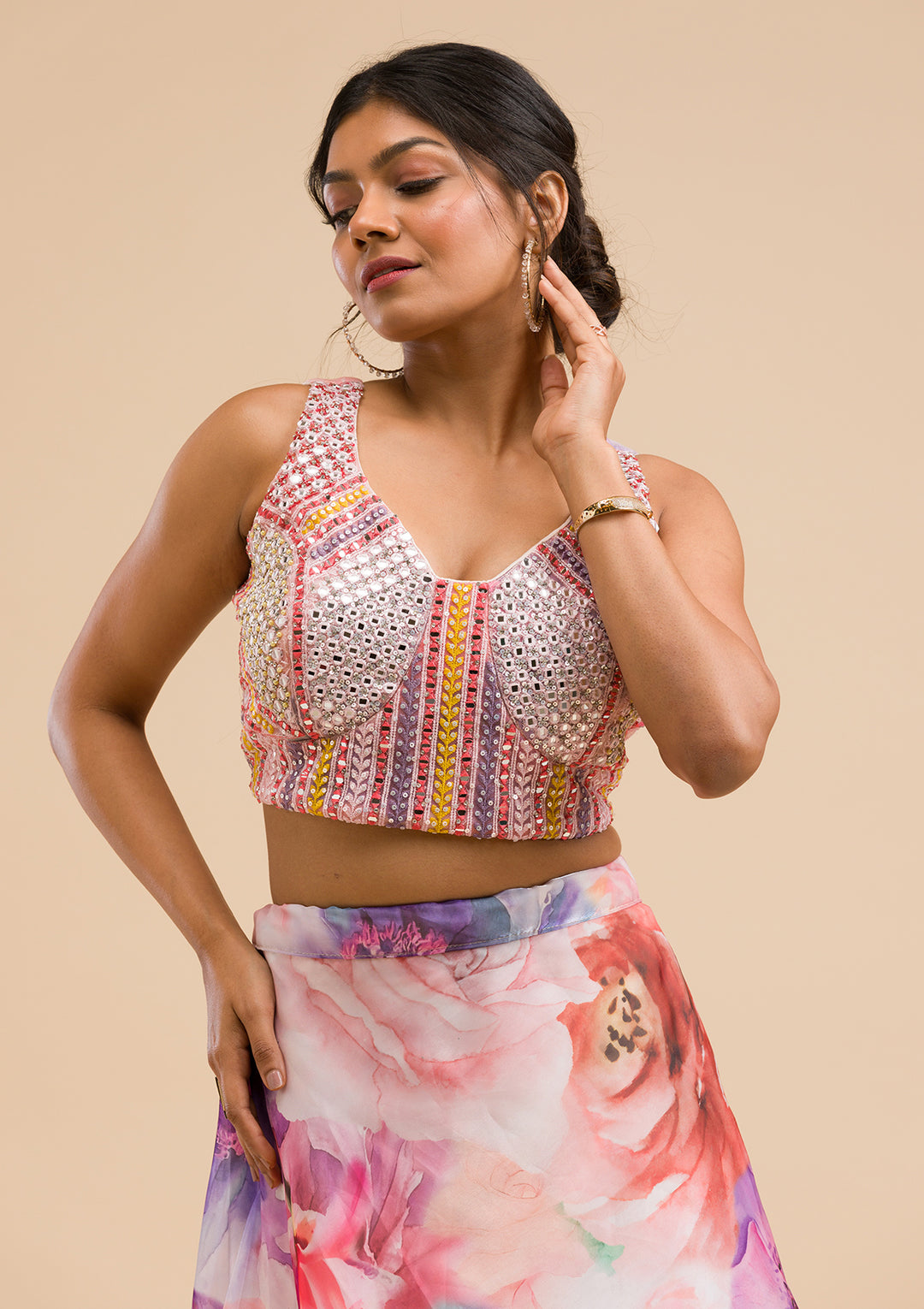 Pink Printed Tissue Readymade Lehenga