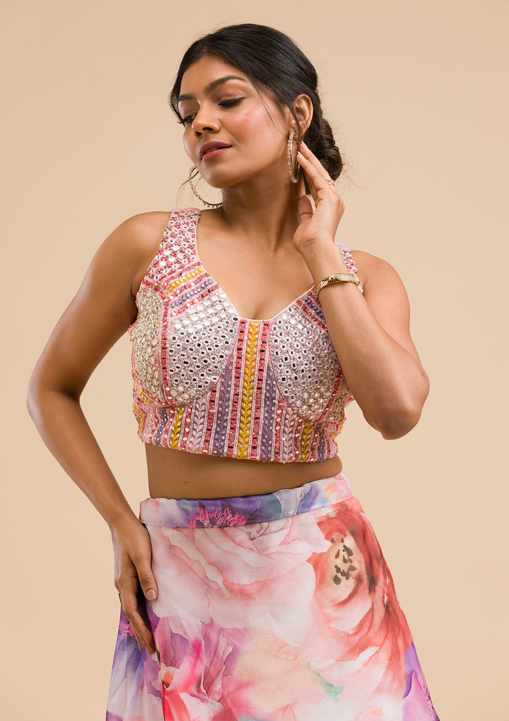 Pink Printed Tissue Readymade Lehenga