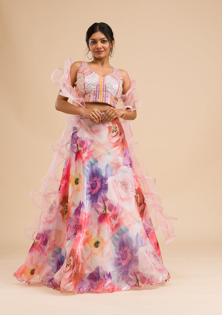 Pink Printed Tissue Readymade Lehenga