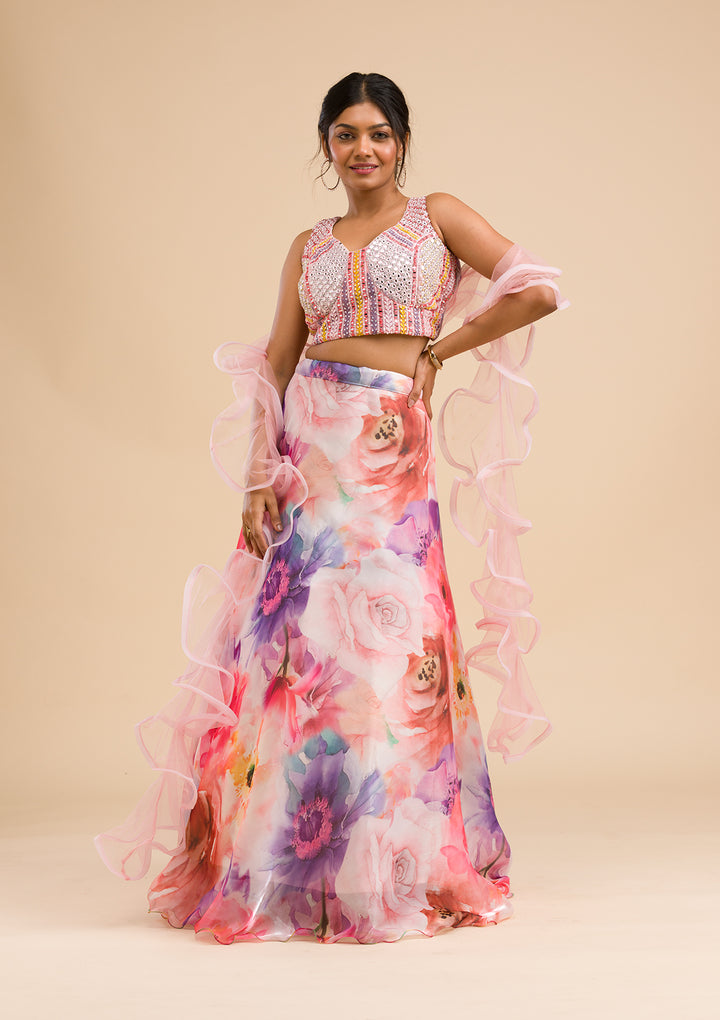 Pink Printed Tissue Readymade Lehenga