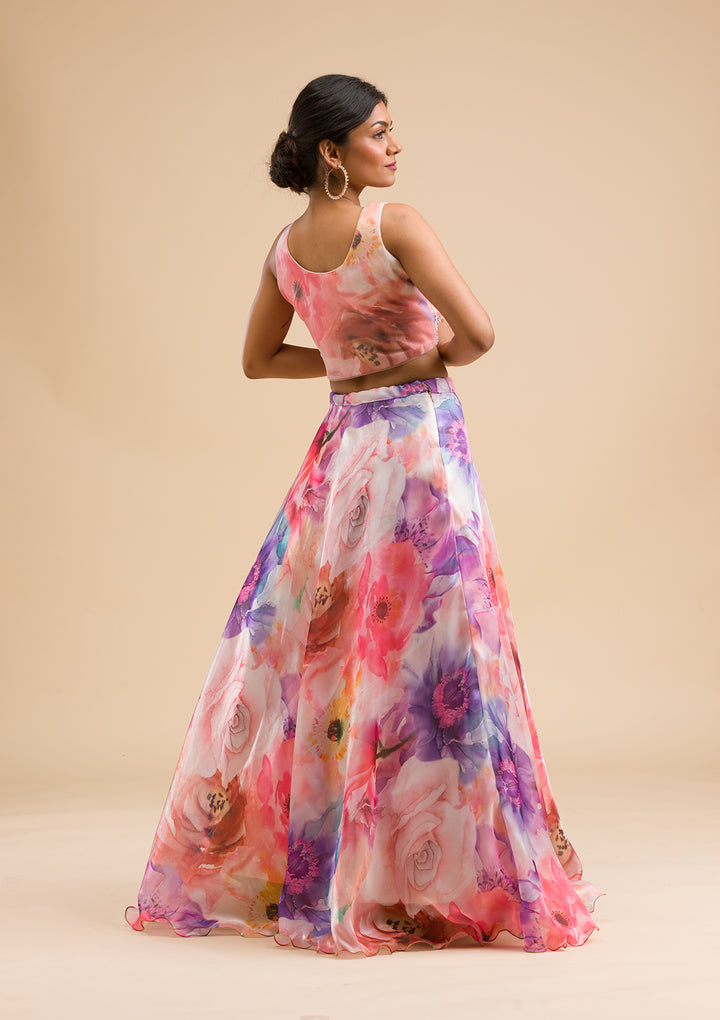 Pink Printed Tissue Readymade Lehenga