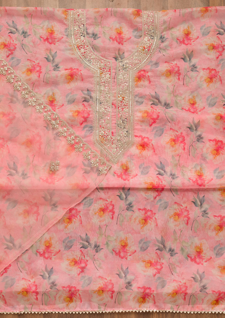 Pink Printed Organza Unstitched Salwar Suit