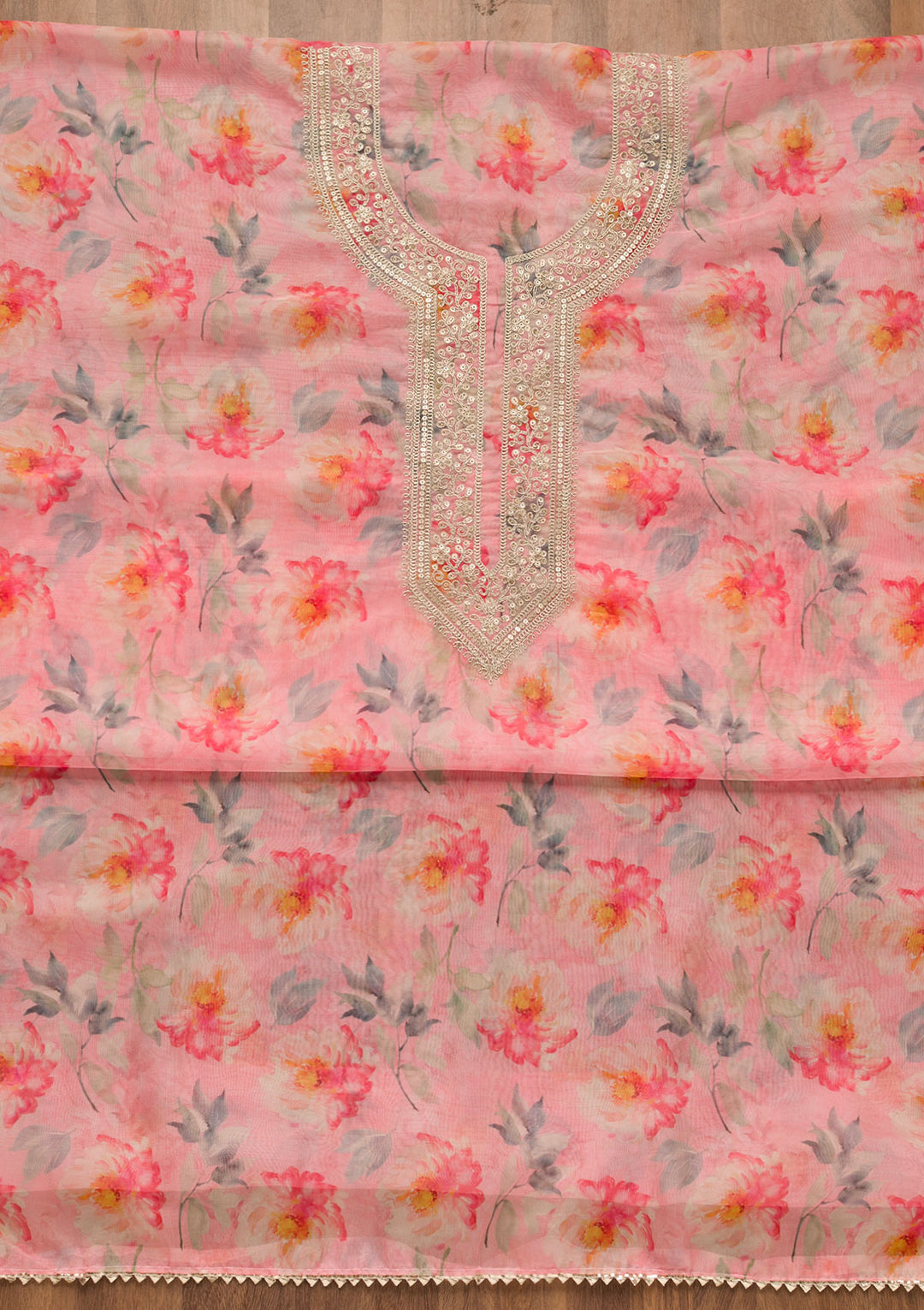 Pink Printed Organza Unstitched Salwar Suit