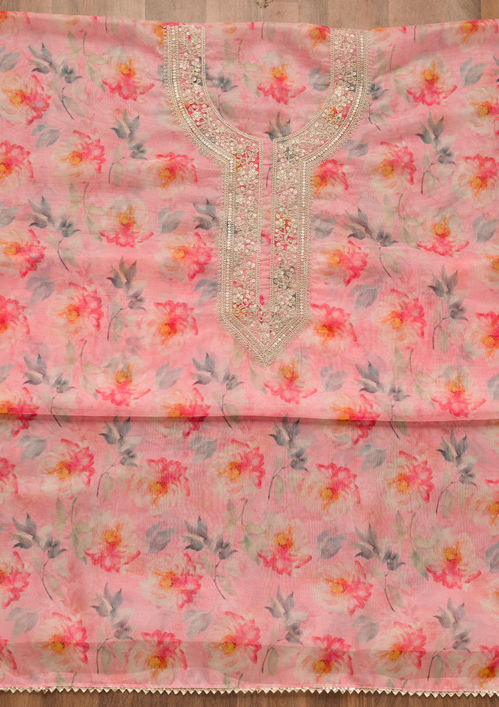 Pink Printed Organza Unstitched Salwar Suit