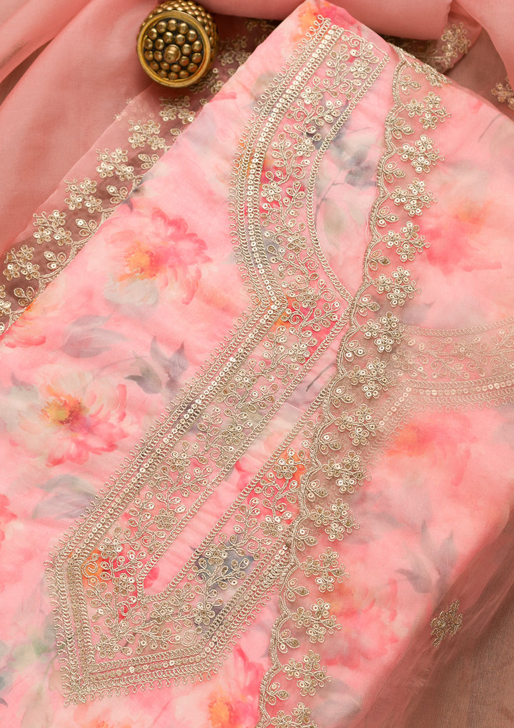 Pink Printed Organza Unstitched Salwar Suit
