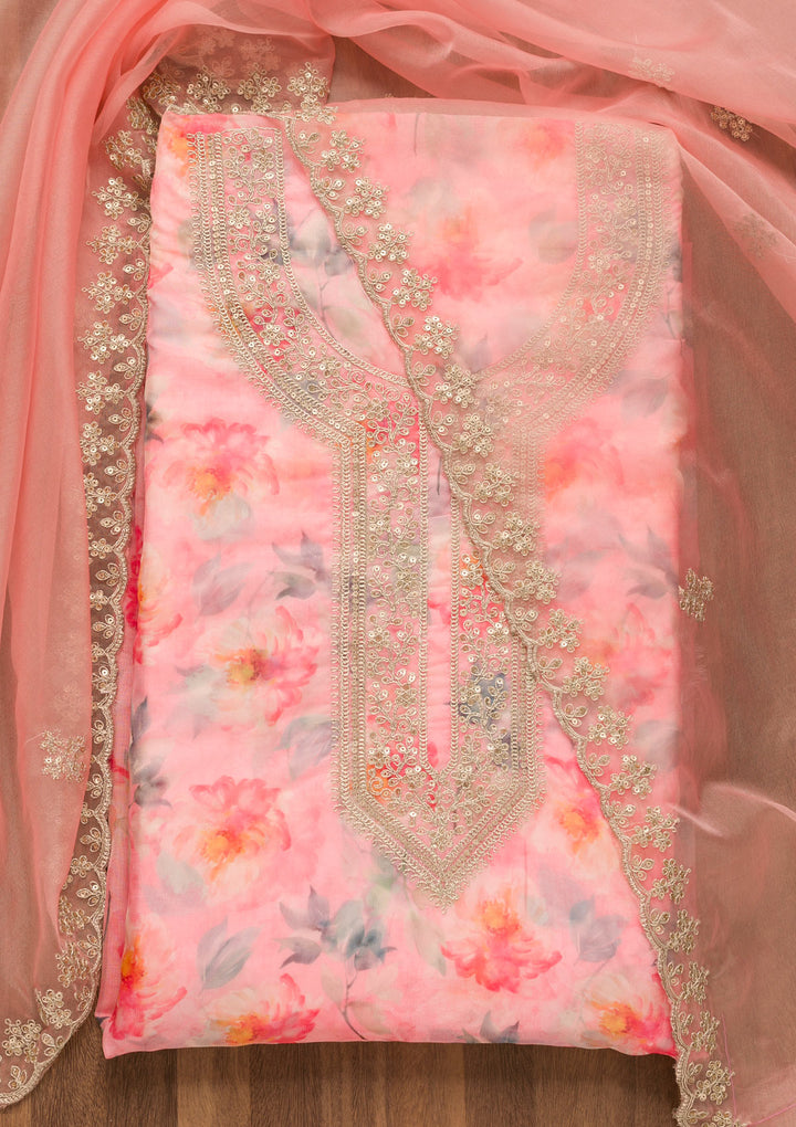 Pink Printed Organza Unstitched Salwar Suit