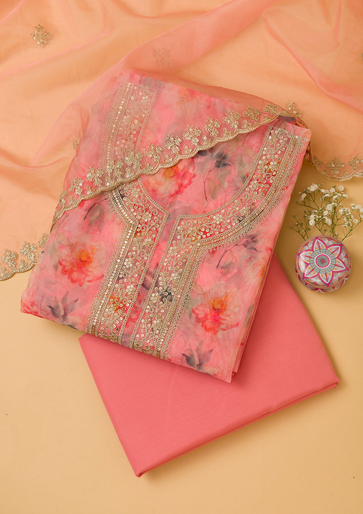 Pink Printed Organza Unstitched Salwar Suit