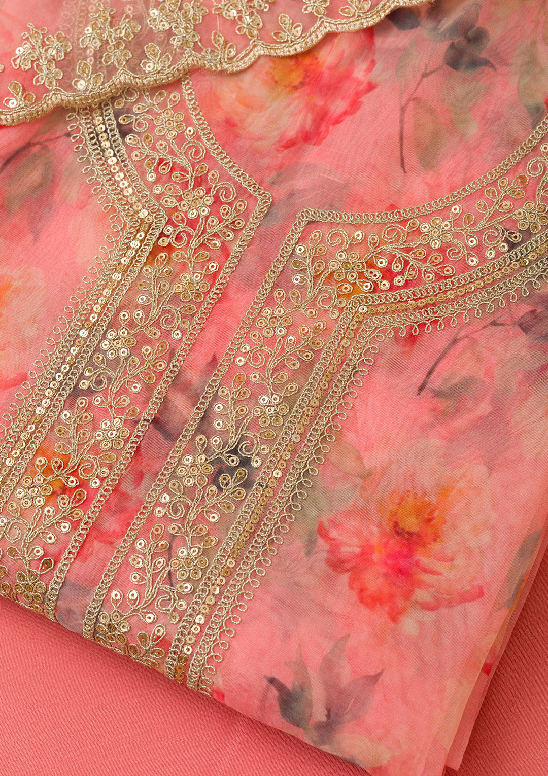 Pink Printed Organza Unstitched Salwar Suit