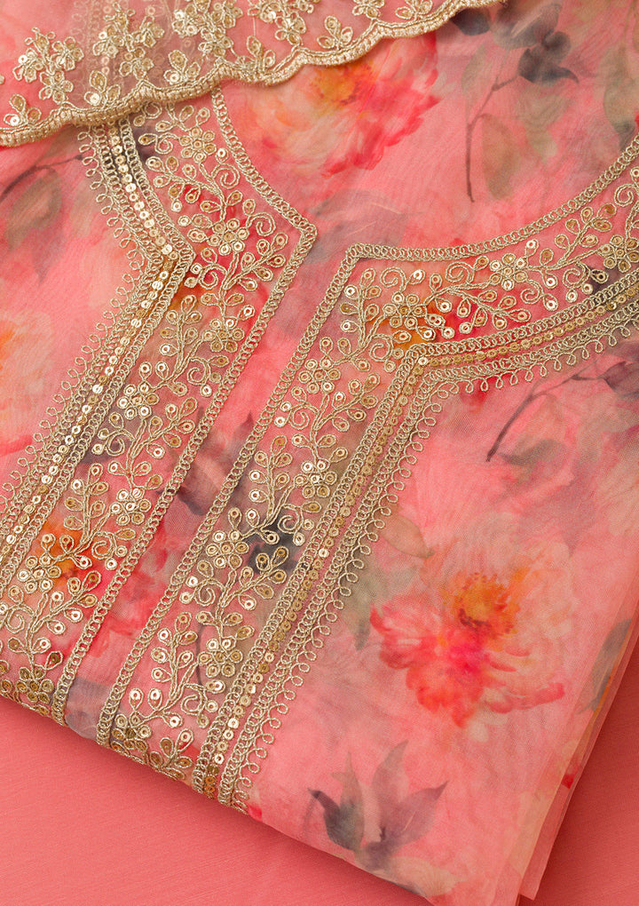 Pink Printed Organza Unstitched Salwar Suit