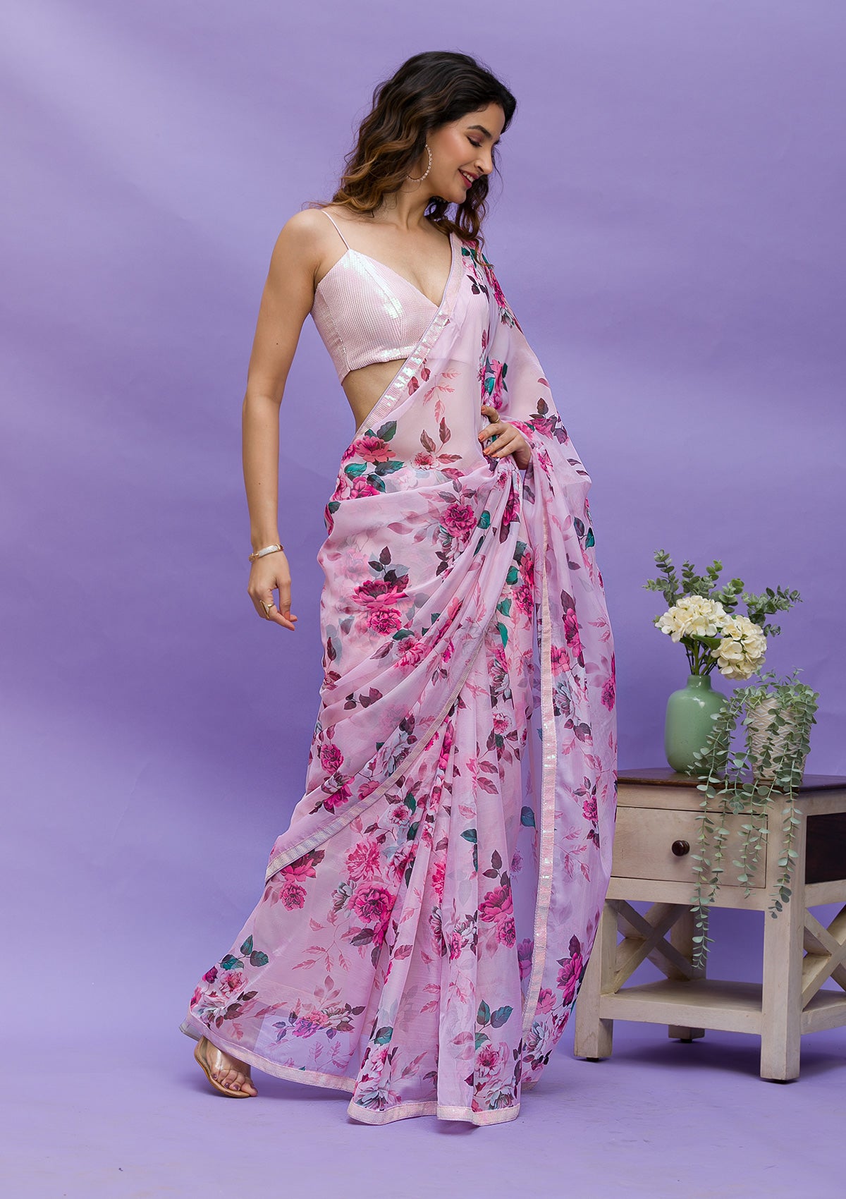 Pink Floral Printed Organza Designer Saree