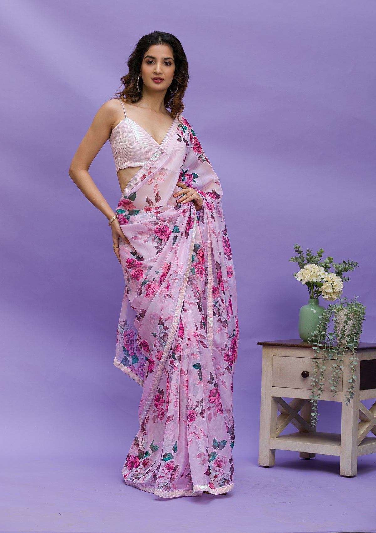 Pink Floral Printed Organza Designer Saree