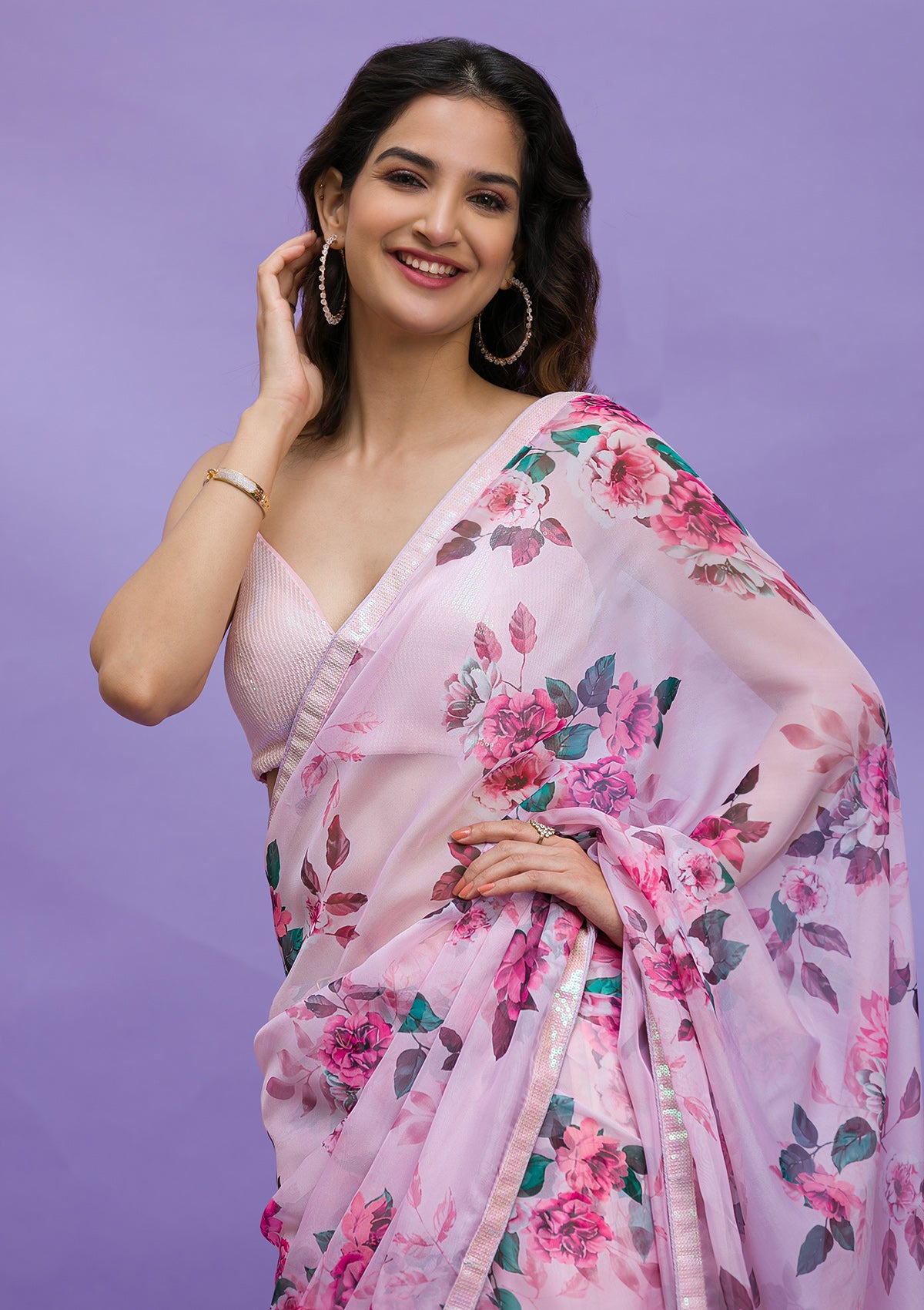 Pink Floral Printed Organza Designer Saree