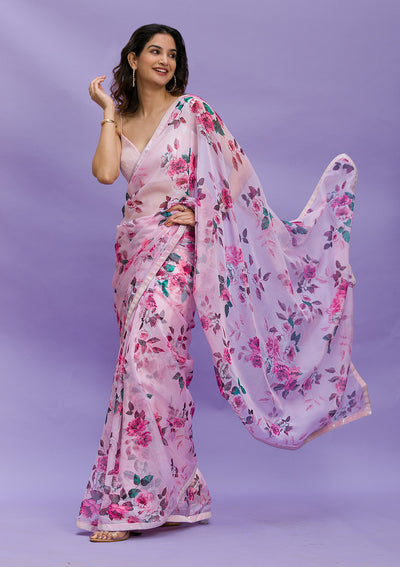 Pink Floral Printed Organza Designer Saree