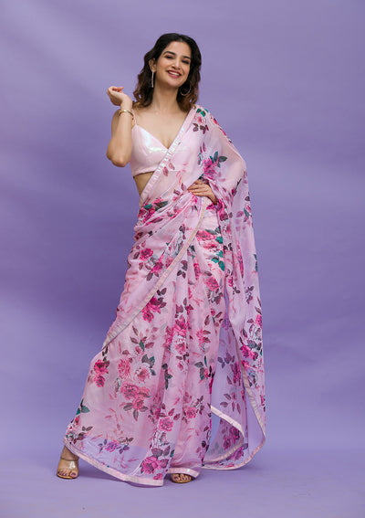 Pink Floral Printed Organza Designer Saree-Koskii