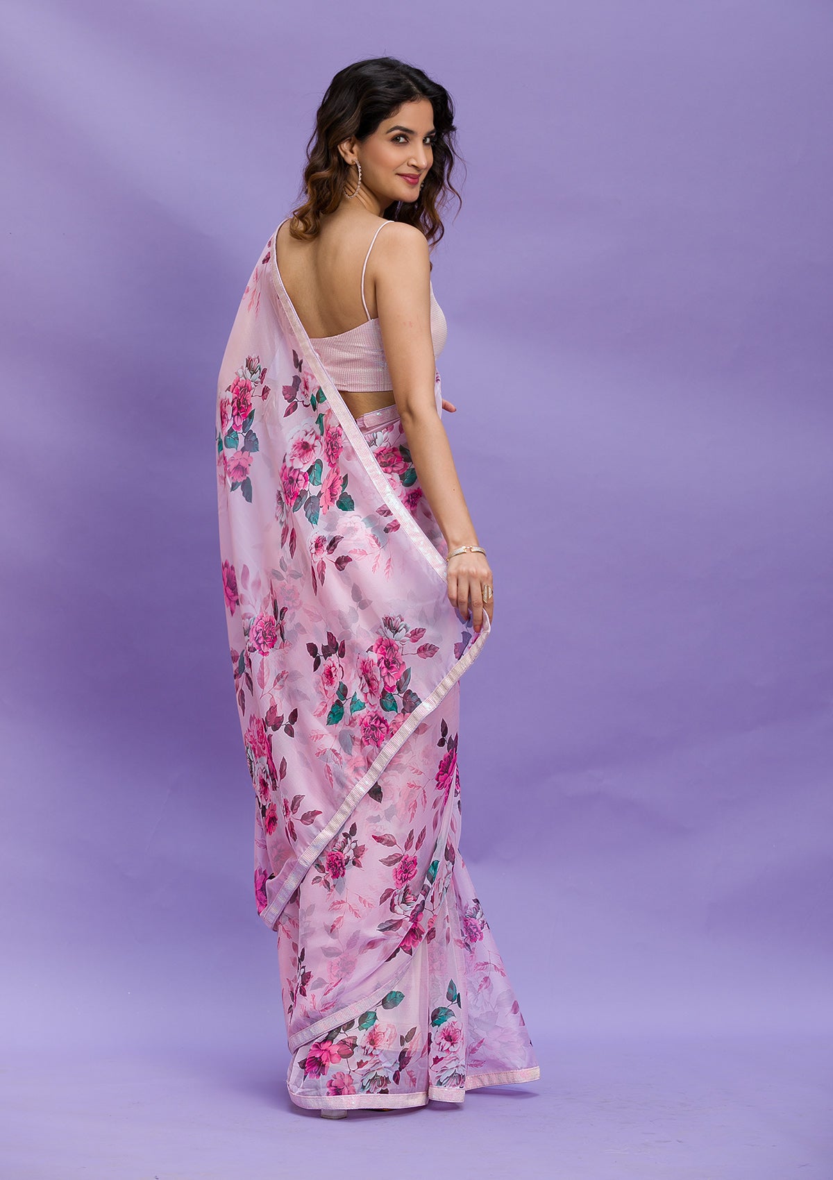 Pink Floral Printed Organza Designer Saree