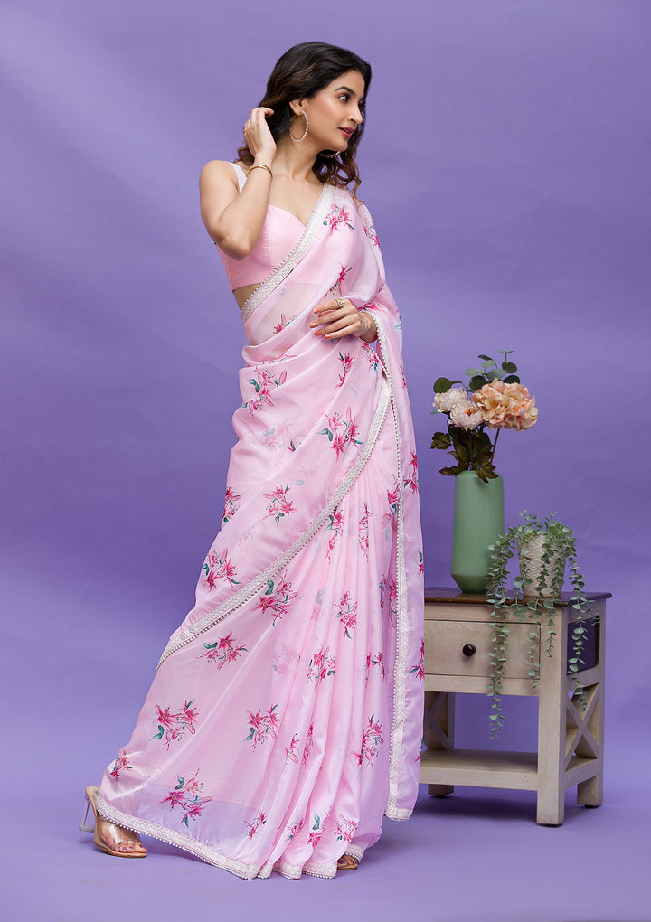 Pink Floral Printed Organza Designer Saree