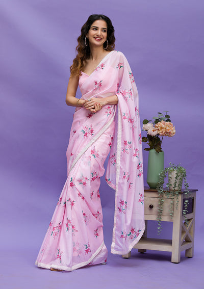 Pink Floral Printed Organza Designer Saree-Koskii