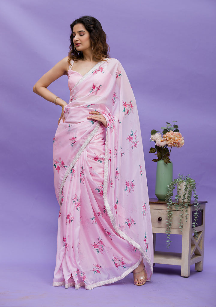 Pink Floral Printed Organza Designer Saree