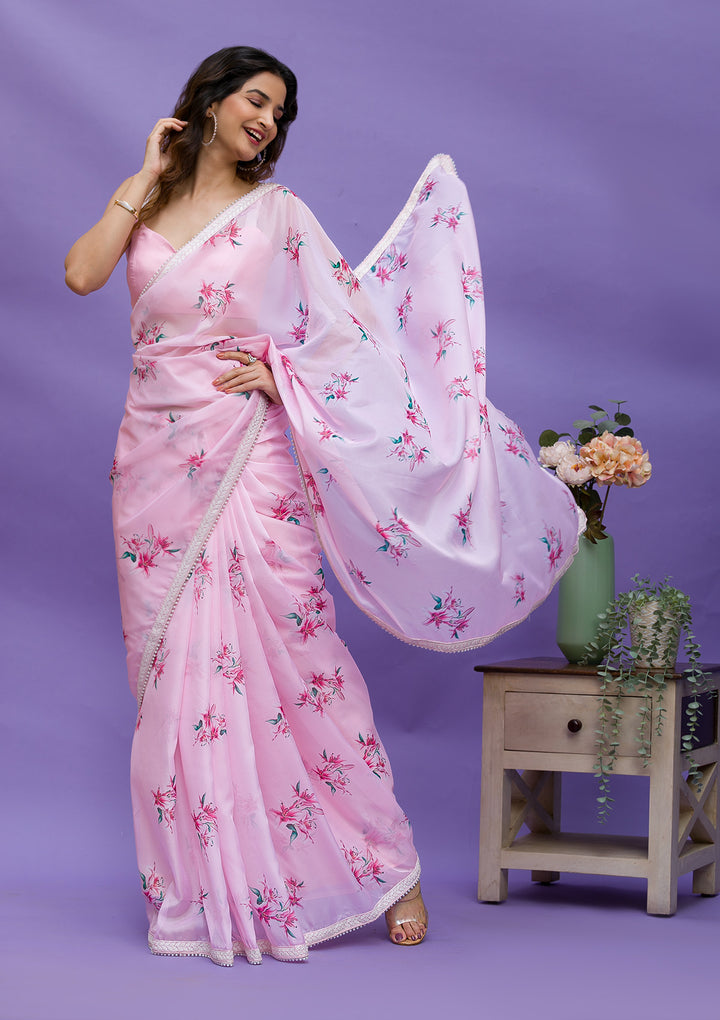 Pink Floral Printed Organza Designer Saree
