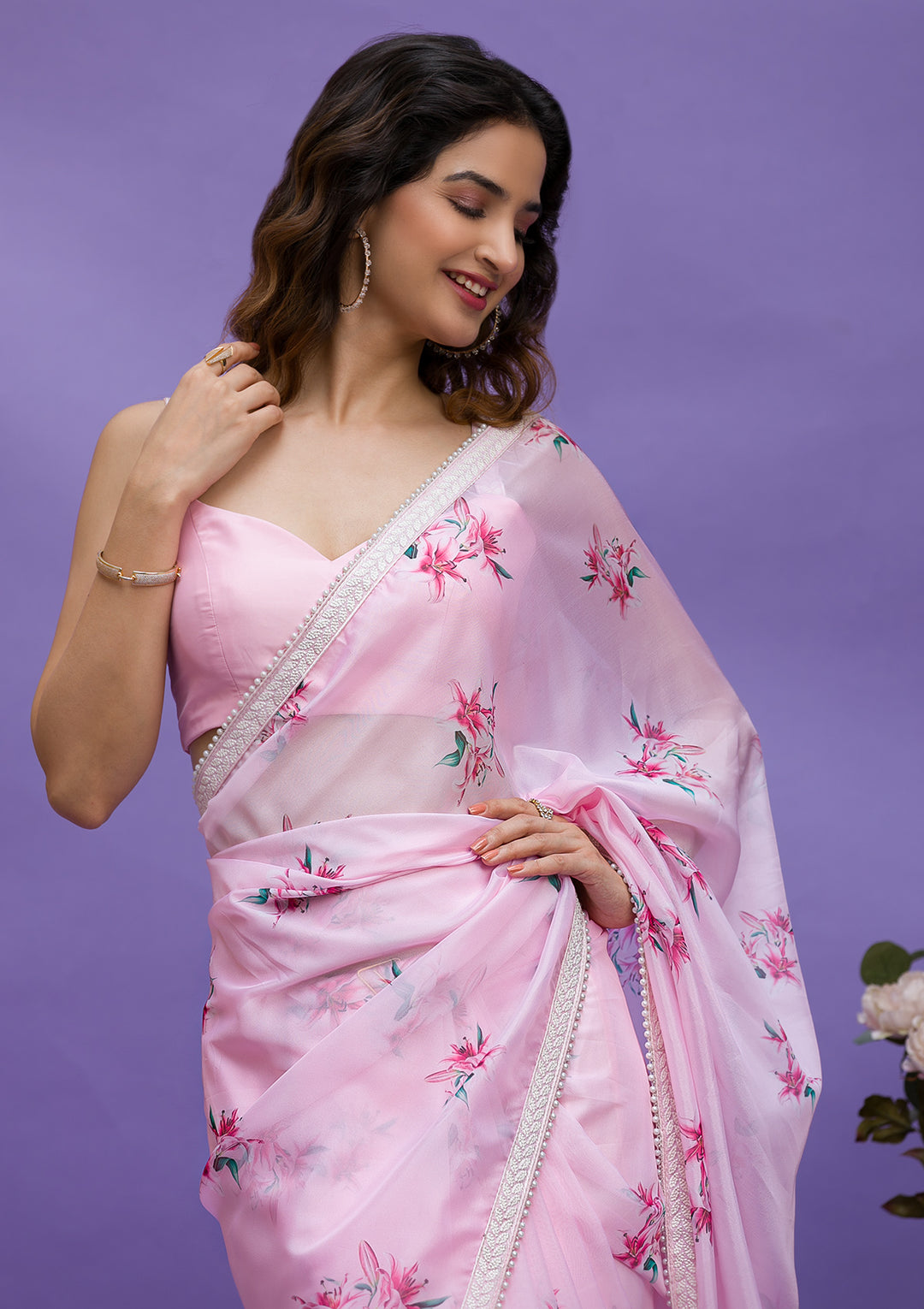 Pink Floral Printed Organza Designer Saree